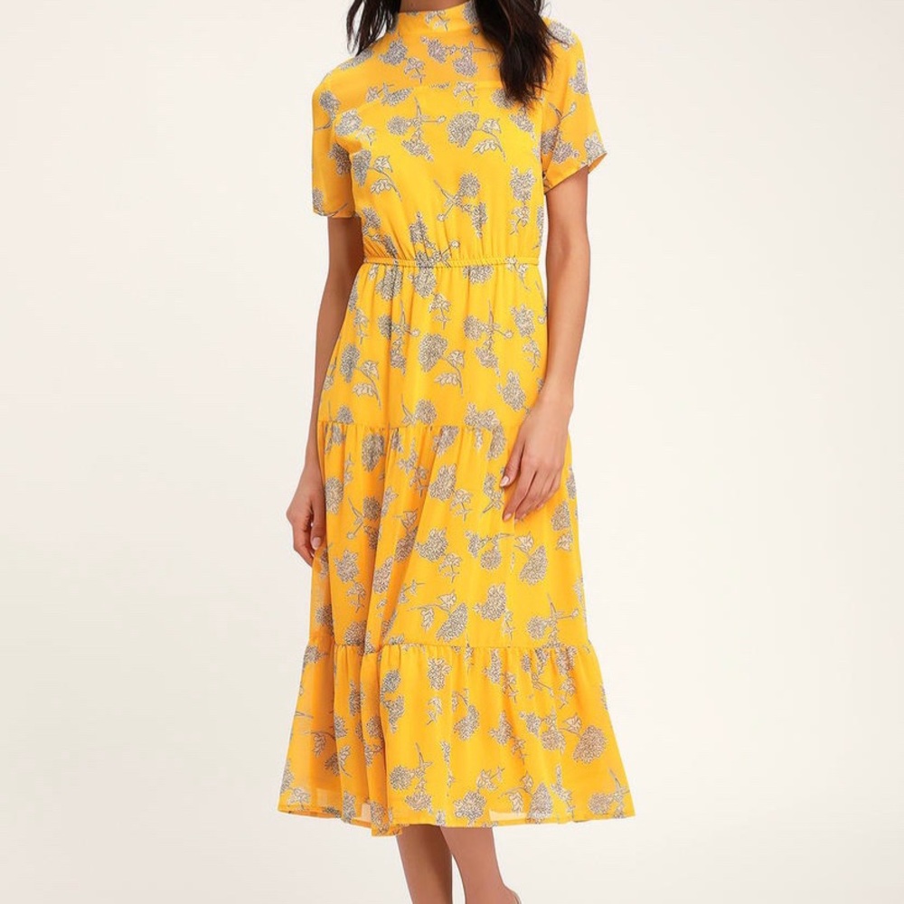 Lulu’s Mustard Yellow Floral Print Midi Dress XS